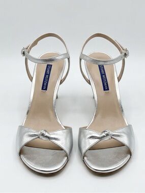Stuart Weitzman Silver Metallic Knotted Open-Toe Ankle Strappy Sandals Heels 7.5
